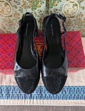 Tory  Burch Cap Toe pave Leather Slingback Pump Perfect Black 45mm heels size 7