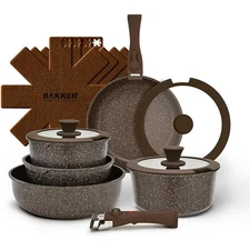 14 Piece Cookware Set Nonstick Granite Coated Pots and Pans Set Bakeware Brown