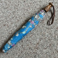 Vintage Japanese Folding Umbrella And Case Blue Pink Floral Carved Wooden Handle