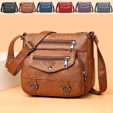 Retro Multi Pockets Crossbody Bag Soft PU Leather Shoulder Bag Purse For Women
