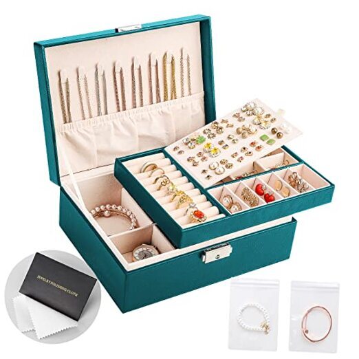 Leather Jewelry Organizer Box for Women and Girls with Green Earring Storage-image