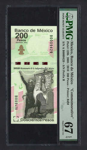 Messico 200 Pesos 2008 P129b S/N 0009429 non circolato grado 67 - Foto 1 di 2
