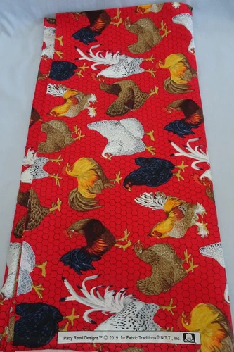 Cotton Fabric 1 yd 12" x 44" Fabric Traditions Chickens Hens Roosters on Red NOS