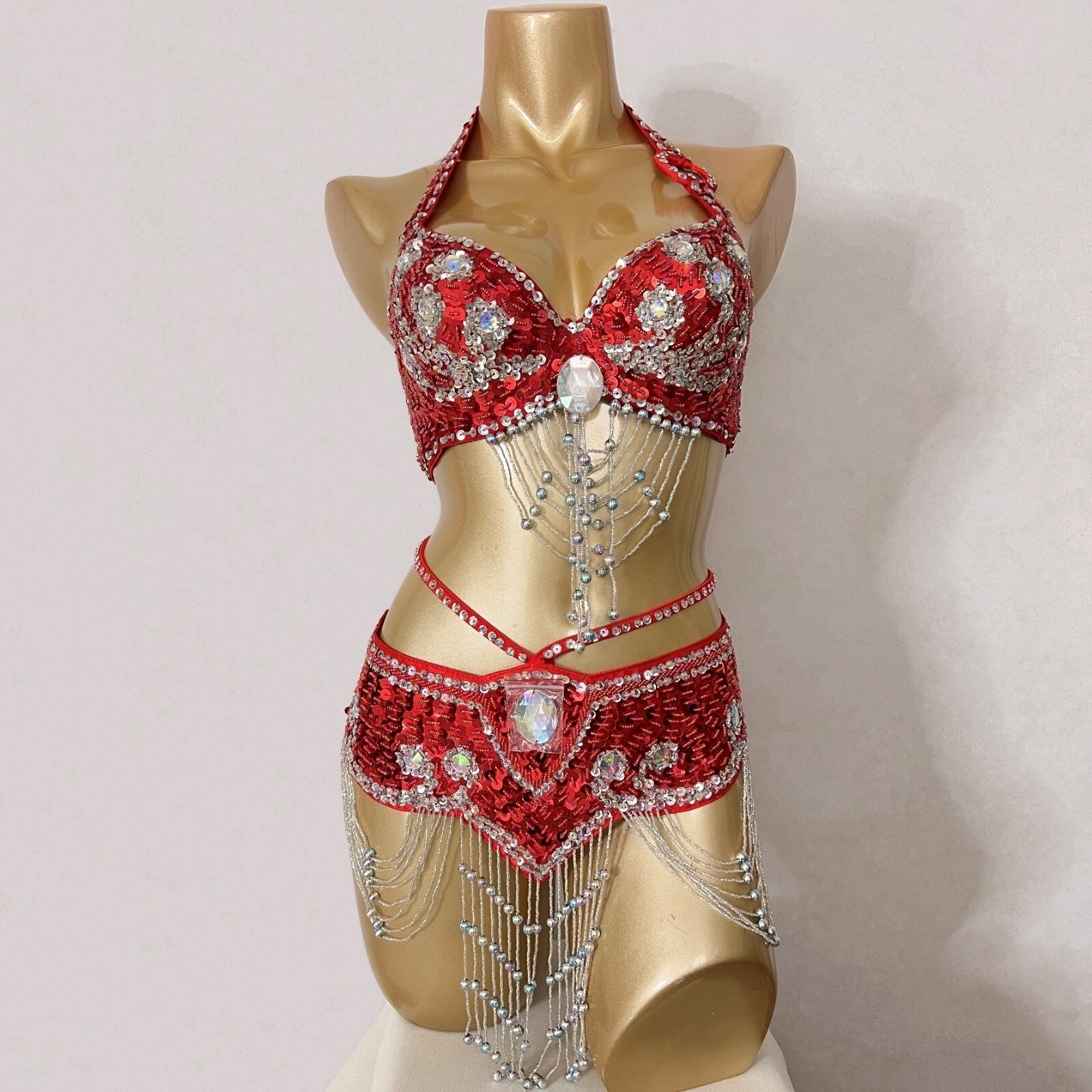 Lentejuelas Cuentas Carnaval EDC Conjunto de Fiesta Samba Danza del Vientre Disfraz Sujetador Cinturón Rojo