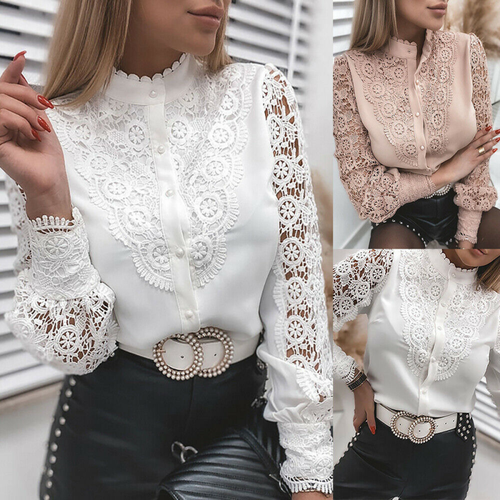 Para mujeres Blusa Blusa Oficina Encaje Mangas Largas Trabajo Con Botones Camisa Prendas para el torso | eBay