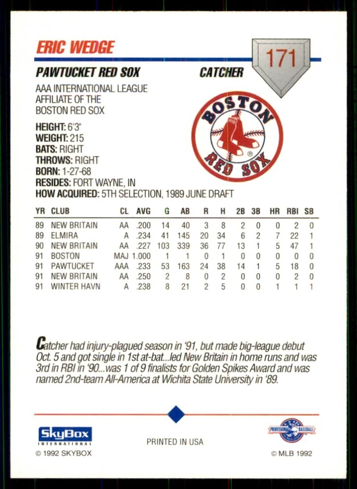 1992 SkyBox AAA Eric Wedge Pawtucket Red Sox #171 - Image 2 of 2