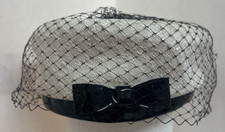 Vintage White Hat w Black Patent Leather Bow  Netting Veil Pill Box Union Made