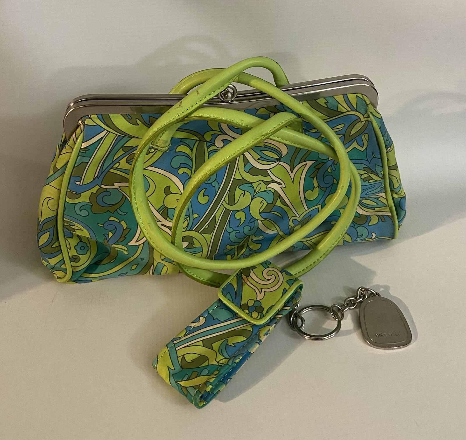 Vibrant Retro Nine West Satchel Shoulder Purse Blue Green Paisley
