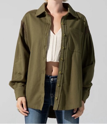 Miss Me Oversized Button Down Shirt Olive Green Size Medium NWT Contrast Inserts