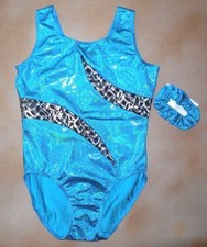 NWOT Axis Activewear Foil Gymnastic Leotard Turquoise w/Black/Silver Int/8Child