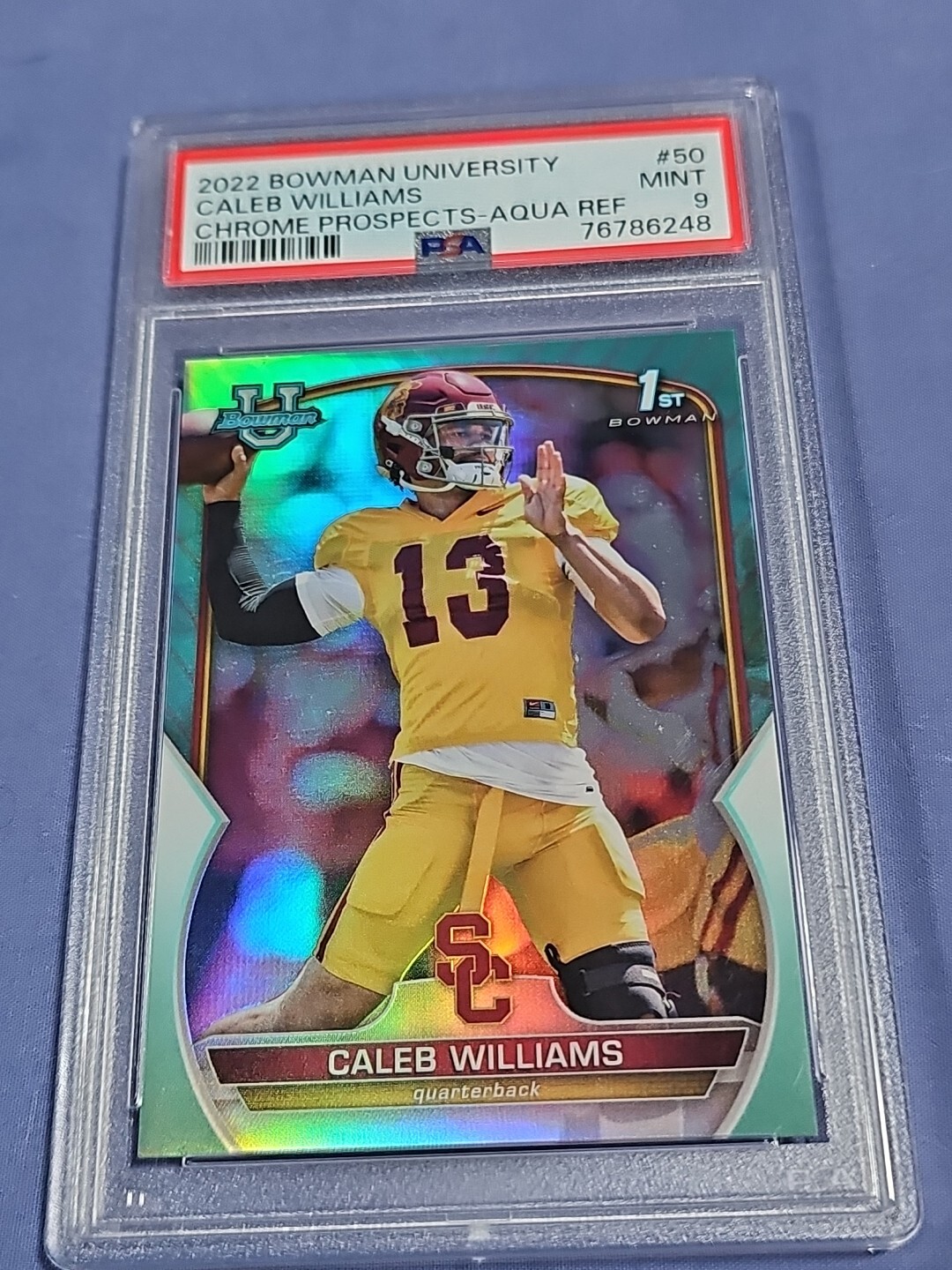 Caleb Williams 2022 Bowman University Chrome #50 Aqua Refractor /299 BEARS PSA 9