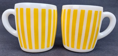 Vintage Hazel Atlas Yellow Candy Stripe Milk Glass Mugs - Set of 2