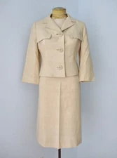 Vtg 50s 60s Handmacher Beige Silk Shantung 2-Pc Skirt Jacket Secretary Suit S/M