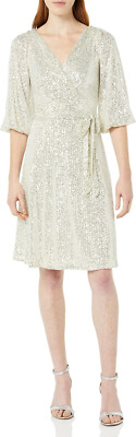 DKNY Women's Long Sleeve Sequin Surplice Faux Wrap, 8