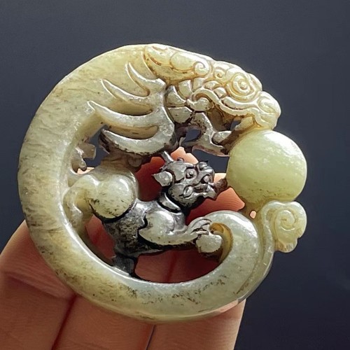 Chinese Antique Xiuyan Jade Carved Dragon Ball Necklace Pendant - Picture 1 of 8