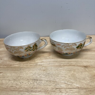2 Kutani Hand Painted China Japan Tea Cup, Some Chips Shown In Photos