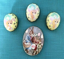 LOT OF VINTAGE EASTER EGG SHAPE TIN CANDY CONTAINERS, BUNNY PARADE TRINKET BOX