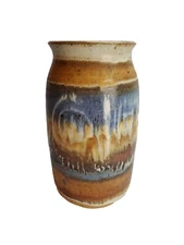 Vintage Stokes Pottery Stoneware Vase Signed Blues Browns Rustic Decor 7"