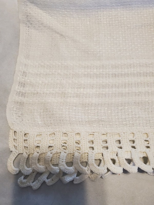 Vintage Textured Hand Towel Off White Crocheted Edges Pin Tucked Farmhouse Chic