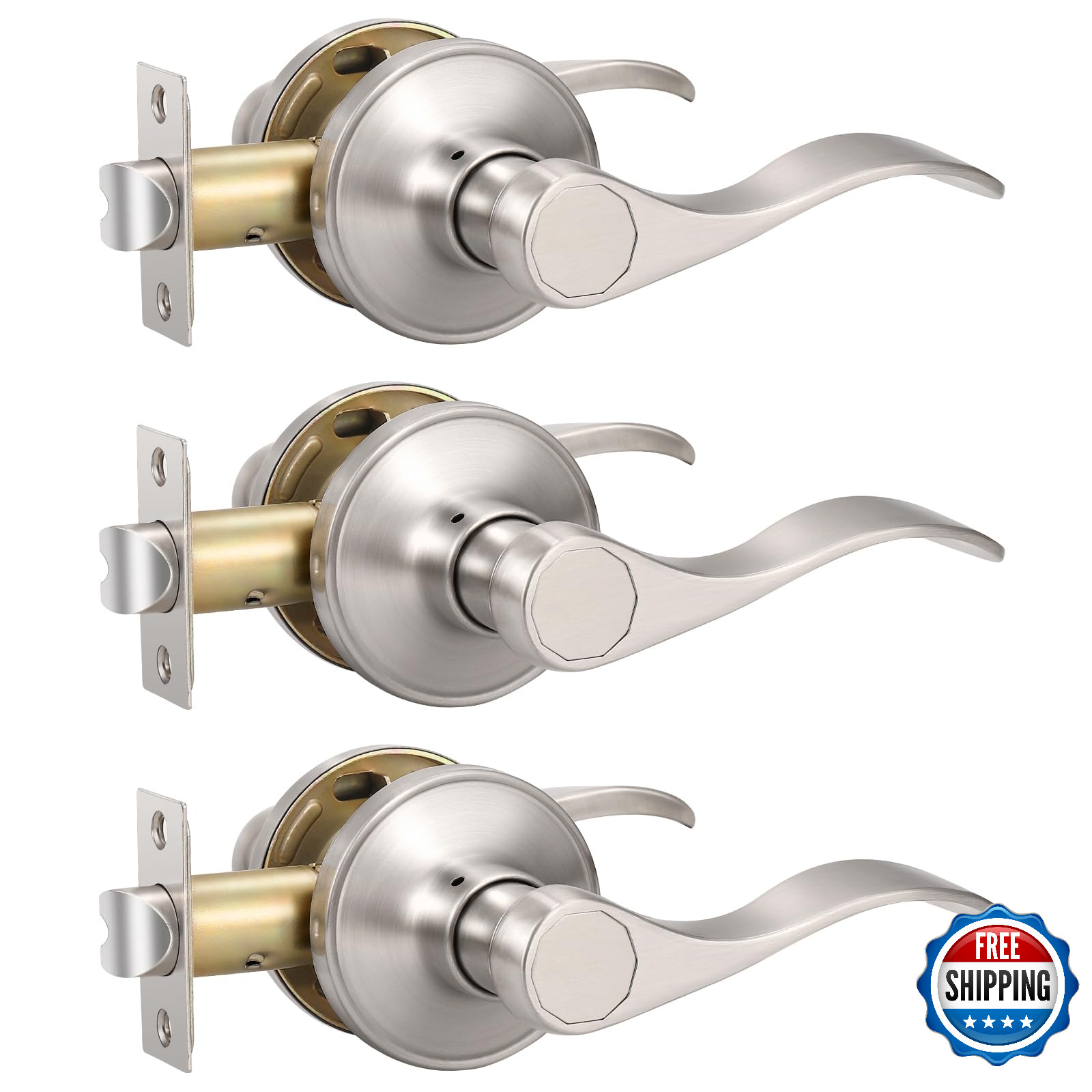 Knobonly 3 Pack Passage Door Handles Interior Hallway Closet Brushed Satin Nicke