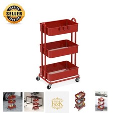 3-Tier Heavy Duty Metal Utility Rolling Cart in Red for Versatile Organization