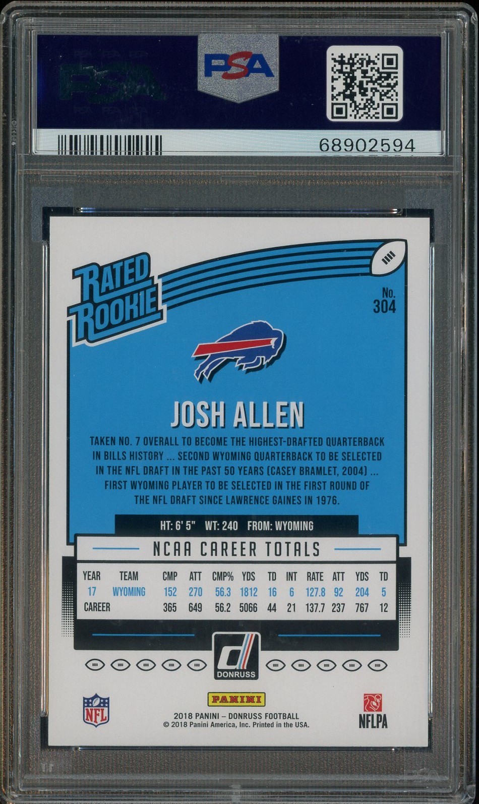 2018 Donruss Gold Press Proof #304 Josh Allen Bills RC Rookie 47/50 PSA 9 MINT view 2