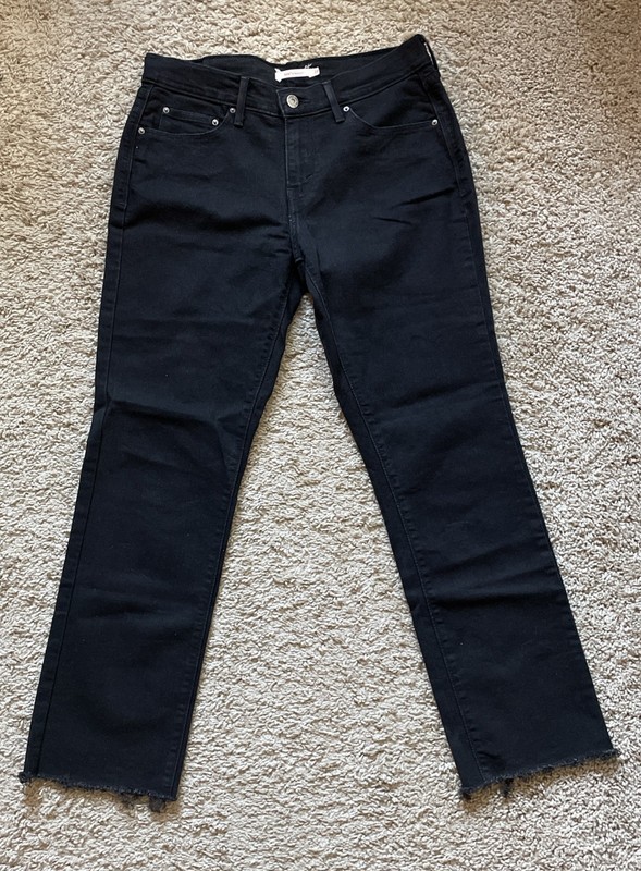 Levi’s 505 Straight Leg Women’s Black Jeans Raw Hem Size 28 Stretch Material VG