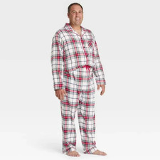 Mens Holiday White Plaid Christmas Family PJ Pajama Set Tartan Flannel LARGE