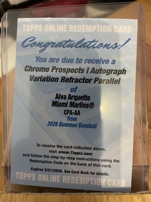 2026 Bowman Chrome Aiva Arquette Prospect Auto Refractor /499 CPA-AA Marlins