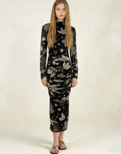 NWT Farm Rio Cerrado Sky Tulle Midi Dress Long Sleeves Size XS Black and Cream