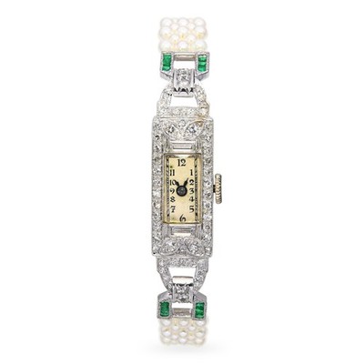 Art Deco Raymond Watch Co Platinum Diamond and Emerald Watch with Pearl Bracelet