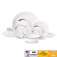 Round 12-Piece Dinnerware Set Glass Low Maintenance Dishwasher Microwave Safe US