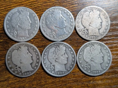 Lot of 6 Barber Half Dollars 90% Silver Various Mints And Dates 90% Silver