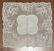 Antique Wedding Lace Handkerchief Victorian Embroidered