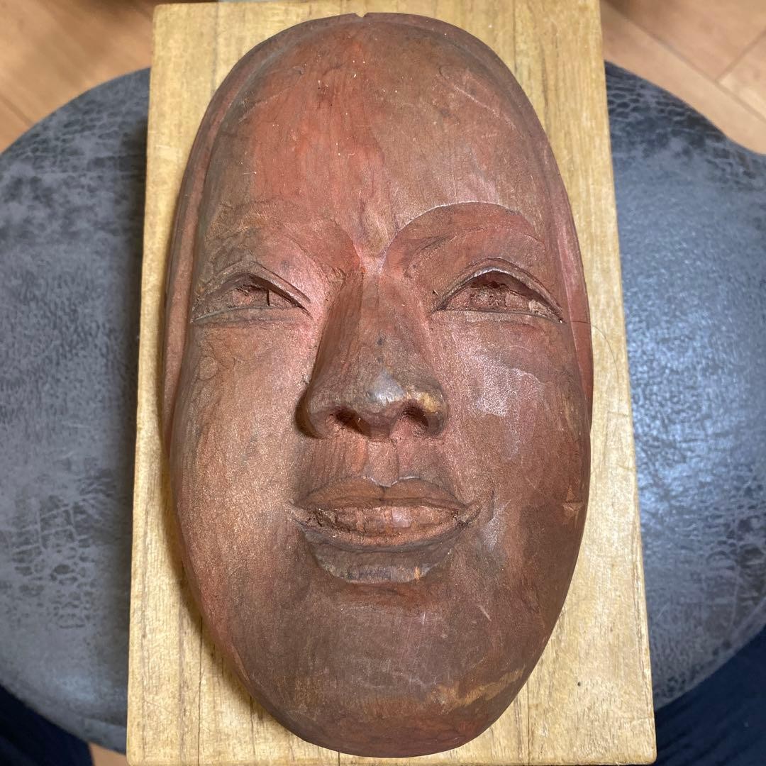 Noh Mask Wood Carving Reddish Brown Used Traditional Art Collection