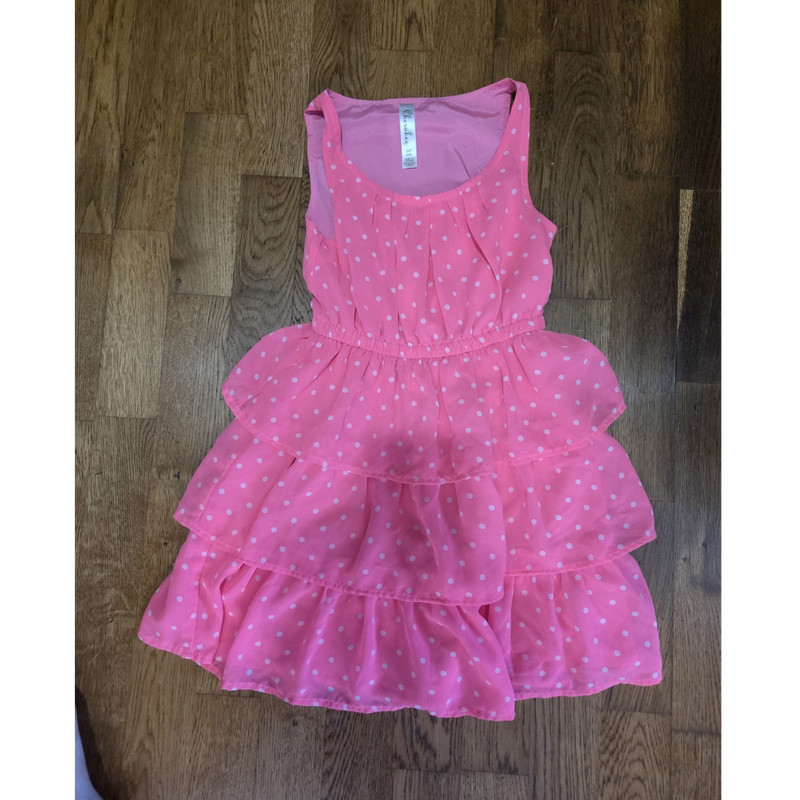 Cherokee Girls M Pink Polka Dot Sundress Sleeveless Ruffle Knee Length Dress