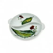 Mottahedeh Porcelain Divided Relish Dish Leaf Floral Hand Painted 6.25" Tray