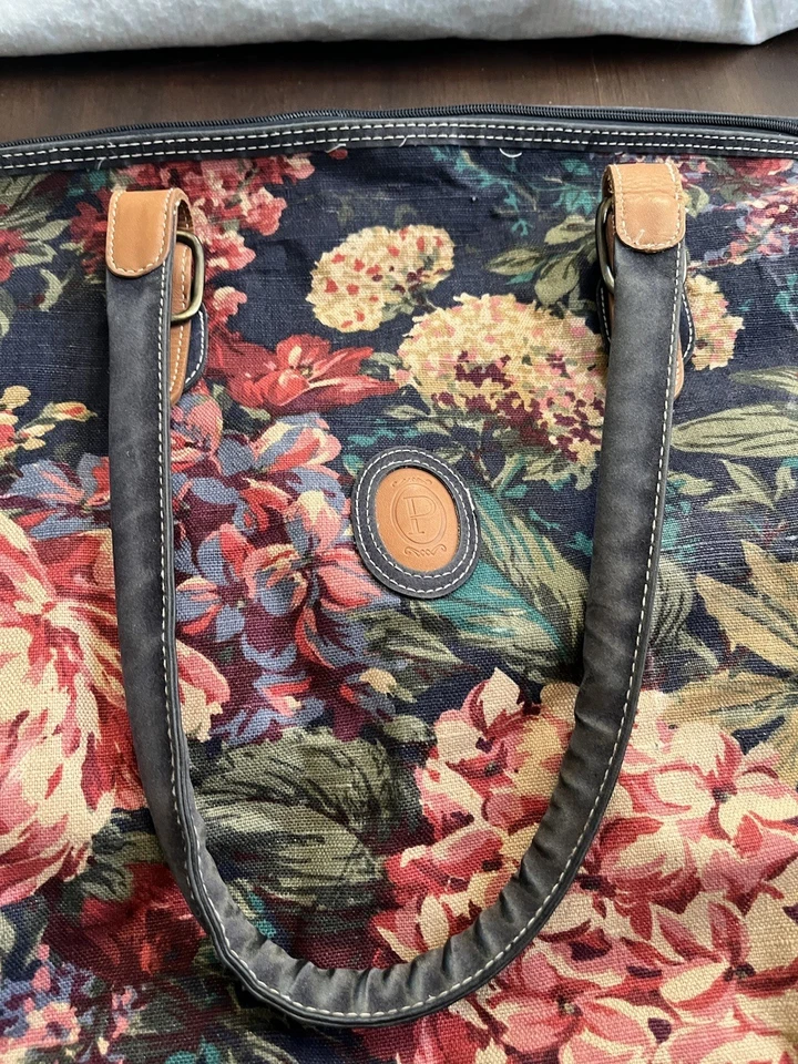 Bolso de Lona Vintage Gitano Fin de Semana Floral Azul Marino Cuero Detalle Alfombra Cremallera XL Foto 4 de 4