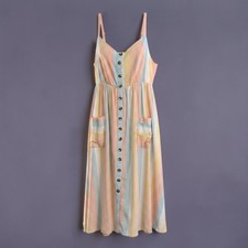 Torrid Linen Blend  Button Front Striped Midi Dress Smocked Waist Summer Beach