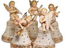 Vintage Ardalt Cherub Bell Set – 5-Pc Musician Angels Porcelain Gold Trim