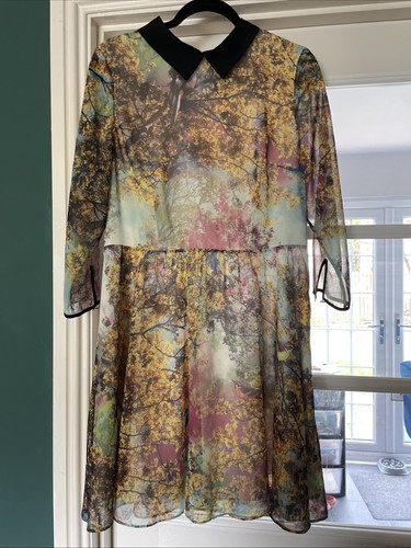 TED BAKER £150 floral birds fit flare dress sz 14 party yellow wedding guest - Picture 14 of 16