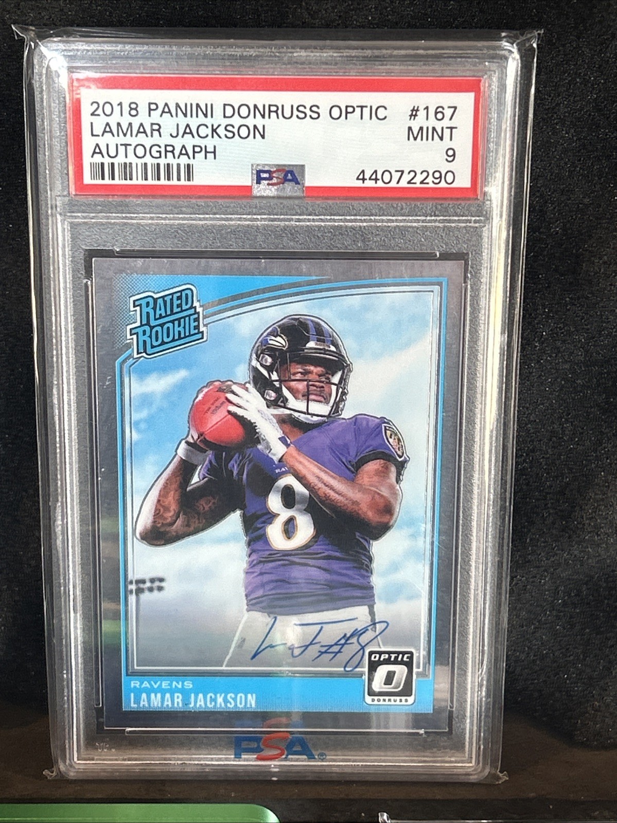 Lamar Jackson 2018 Donruss Optic #167 Rated Rookie SP Auto /50 PSA 9 Ravens