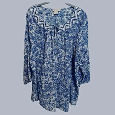 Lucky Brand Peasant Embroidered Bohemian Blue White Relaxed Blouse 3/4 Sleeve 2X