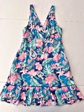 Tommy Bahama Tropical Dress L Blue Pink Smocked Ruffle Hawaii High Waist Empire