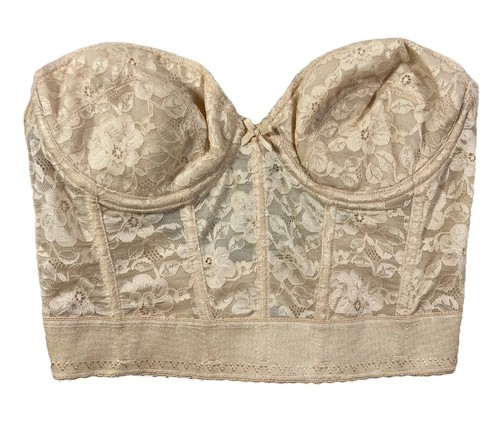 VTG Sintrigue Longline Bustier Bra Womens 36C Beige Floral Lace Strapless Corset