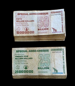 50 Zimbabwe  banknotes- 25 each x 25 &  50 Billion dollar  Agro cheques