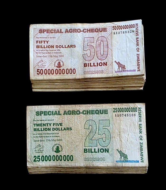50 Zimbabwe  banknotes- 25 each x 25 &  50 Billion dollar  Agro cheques