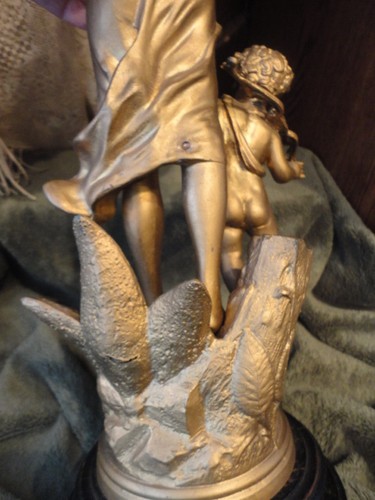 L'Amour Arme Metal Woman Child Cherub STATUE Figurine CLOCK Top 18 in T Vintage - Picture 7 of 12