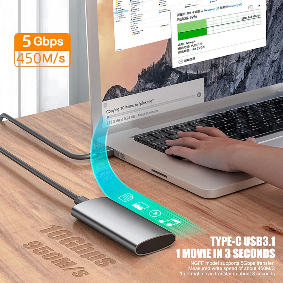 M.2 NGFF SSD Festplattengehäuse USB Type C USB 3.1 Gehäuse Konverter Adapter - Bild 4 von 4