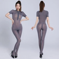2-Way Zipper Smooth Lingerie Jumpsuit Silky Shiny Short Sleeve Bodysuit Catsuit